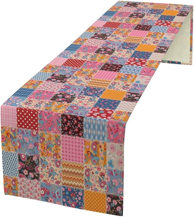 Patchwork Floral Table Runner, Patch Boho Flowers Country Wildflowers Rustic Splicing Design Pattern Table Runner for Farmhouse Kitchen Dining Home Party 13x70in