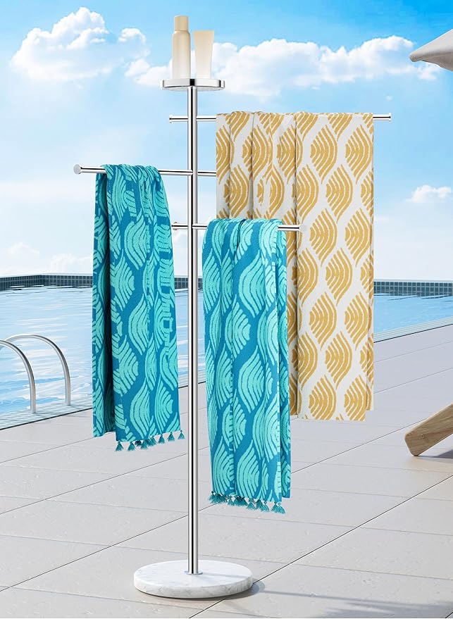 KES Outdoor Towel Tack for Hot Tub, Pool Towel Rack Outdoor with Natural Marble Base 59" H 18/8 Stainless Steel Adjustable 3 Arms with Storage Tray, Polished Finish, OTR200