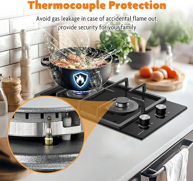 2 Burner Gas Cooktop, 12 Inch Built-in Propane/LPG/NG Dual Fuel Stove, Black Tempered Glass Hob with Thermocouple Protection & Adjustable Flame, for Apartment, Kitchen, RV