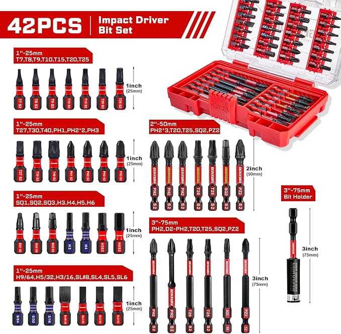 42Pieces Impact Screwdriver Bits Set, Magnetic S2 Steel Phillips/Slotted/Square/Torx Insert Power Bits Tips, Impact Bit Holder with Red Storage Box Case