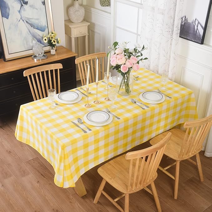 Cupuamon 2 Pack Waterproof Polyester Fabic Rectangle Checkered Tablecloth，60x102 Outdoor Table Cloth，Oil Stain Prevention Table Cloth for Pinics and Parties（Yellow and White）