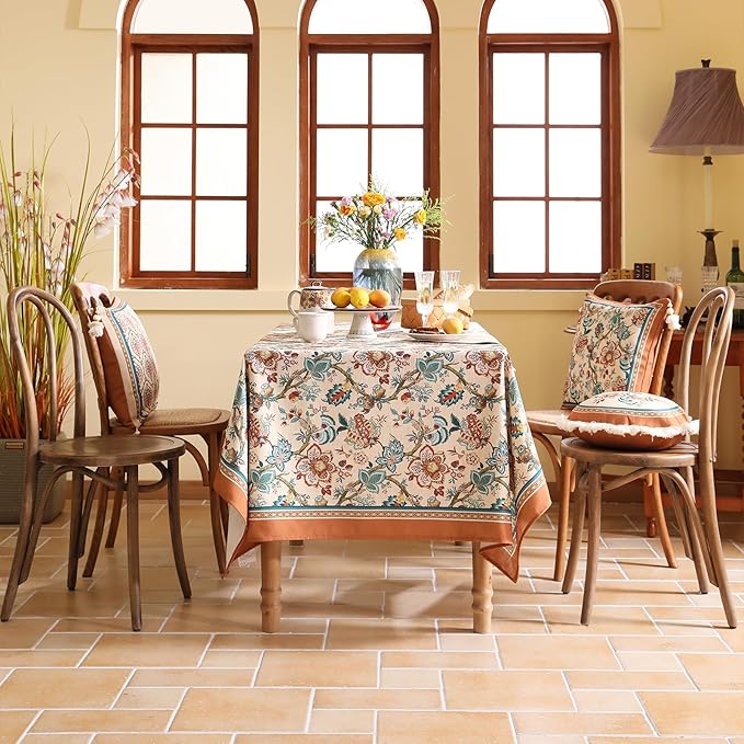 Linen Colorful Floral Small Rectangle Tablecloth,Vintage Indian Colorfast Block Print Table Cloth,Decor Table Cover for Kitchen,Dining,Party,Thanksgiving,Christmas,55"*71"-Mangala