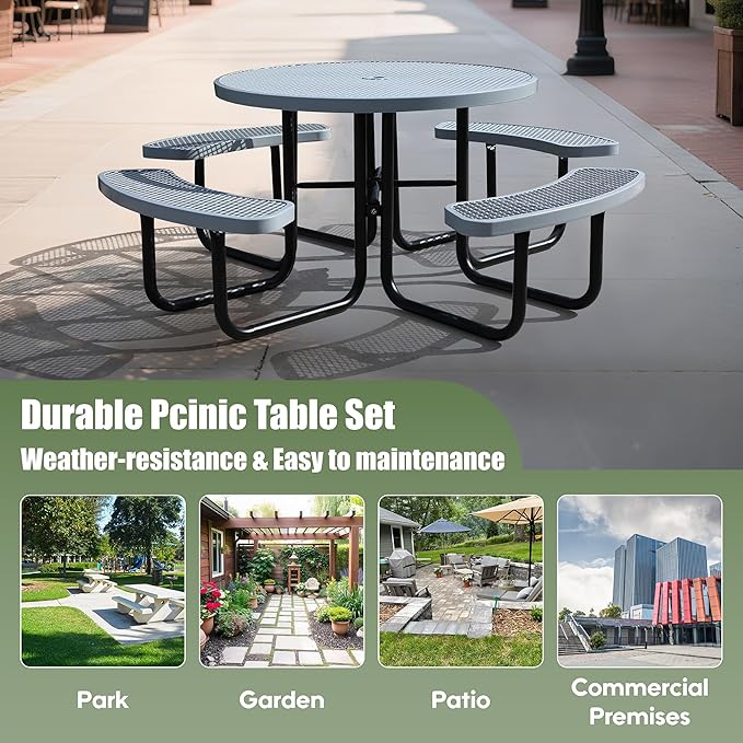 46'' Round Metal Picnic Table for Outdoors, Commercial Steel Metal Picnic Tables, Heavy Duty Sturdy Picnic Tables Furniture Set for Patio Garden Courtyard BBQ, with Umbrella Hole, Grey