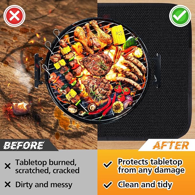 Apipi 24 x 31in Fireproof Grill Mat for Outdoor Grill - 2mm Thickened Heat Resistant Mat for Countertop, Easy to Clean & Waterproof & Oil Proof for Protecting Prep BBQ Table