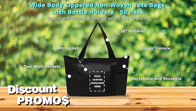 DISCOUNT PROMOS 50 Zippered Non-Woven Tote Bags Set - Customizable Text, Logo - Mesh Pocket, Zippered, Recyclable, Reusable - Black - 19"X14"X3", with Zipper