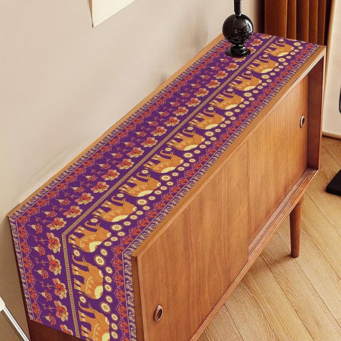 African Tribal Table Runner, Rustic Elephants Floral African Indian Diwali Art Print Purple Coffee Table Center Decor for Home Kitchen Holiday Party Farmhouse Outdoor Table Decorations, 13"x90"