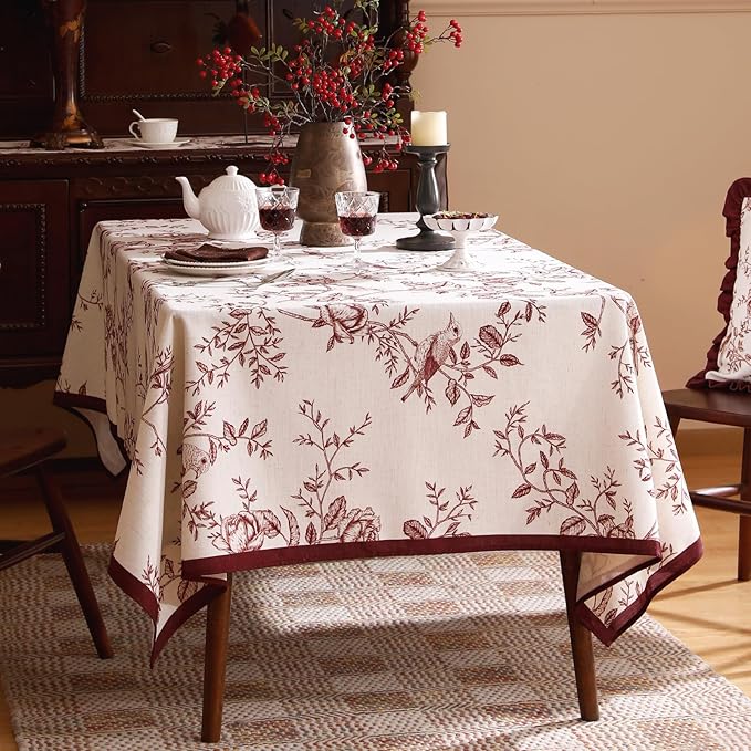 ISAENNE Designer Vintage Linen Long Tablecloth Rectangle,Red Floral Pattern Linen Stain Resistant Table Cloth,Decor Tablecloths for Dining Thanksgiving Kitchen Tea Party,63"*94"-Harmony