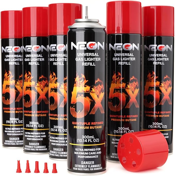 NEON Butane Fuel 300ml, 5X Premium Refined Butane Refill for Torch Lighter, 0 Impurities Lighter Fluid with Metal Nozzle & 5 Butane Gas Refill Adapters for Culinary, Welding, and DIY (6 Cans)