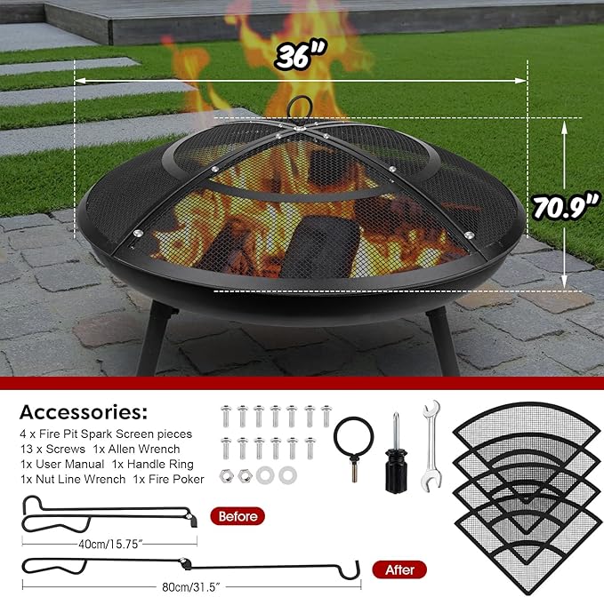 Fire Pit Spark Screen,36 Inch Fire Pit Screen Cover Outdoor with Handle&Poker,Heavy-Duty Steel Firepit Screens Cover Round Mesh Replacement for Backyard/Beach/RV Camping