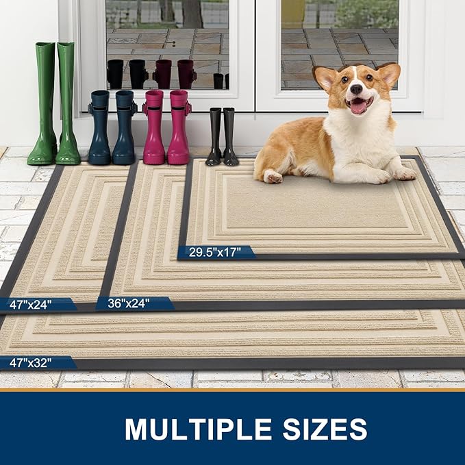 Buganda Front Door Mat Indoor Outdoor Entrance, Non-Slip Natural Rubber Doormats, Easy Clean, Low Profile, Dirt Trapper Entryway Floor Mats for Outside, Garages and Patios, 36x24, Beige