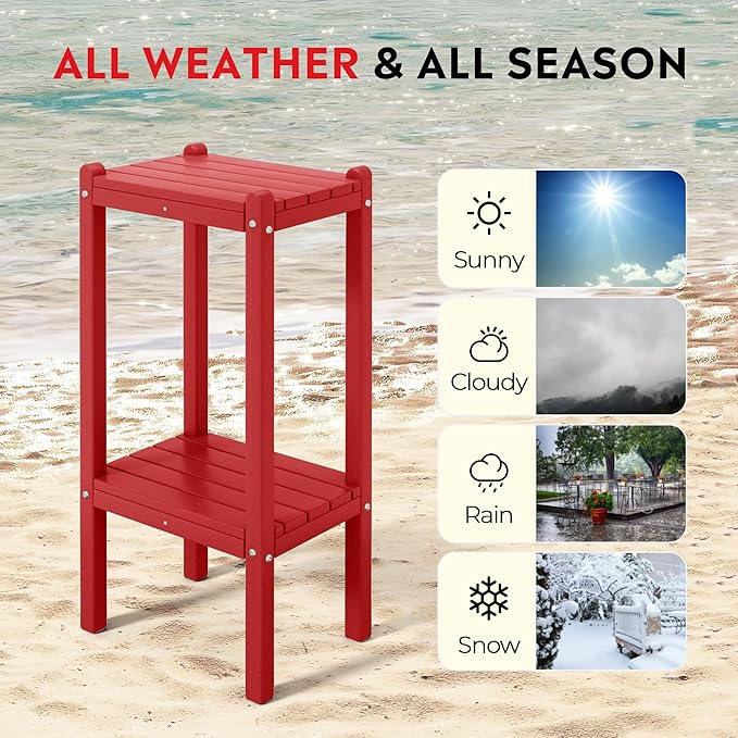 Costaelm Paradise 36"" Outdoor Adirondack HDPE 2-Tier Patio Side Table, Red, COS02990
