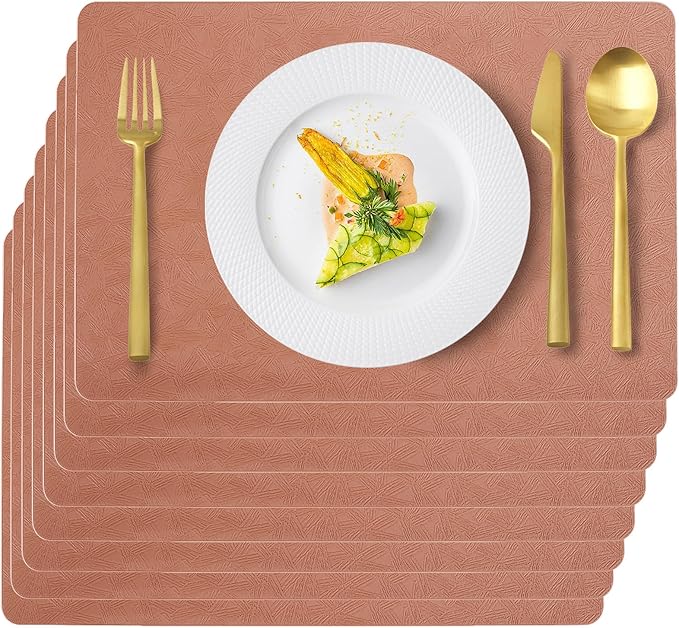 Vinyl Placemats Set of 8 Faux Leather 100% Waterproof Wipeable Washable Place Mats Heat Resistant Easy Clean Non-Slip Table Mats for Indoor Outdoor.(8, Coral)