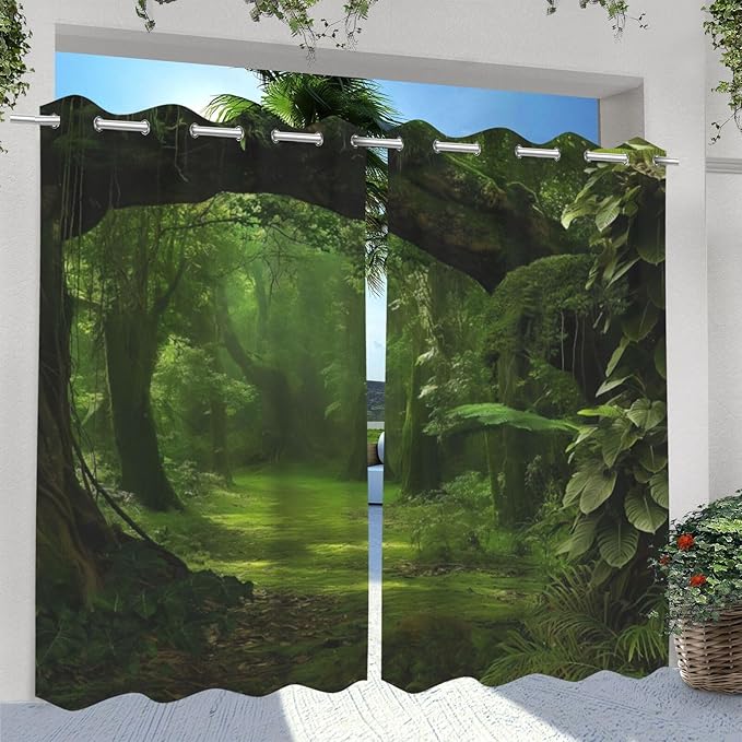 Nature Theme Waterproof Indoor/Outdoor Curtains,Forest Pattern,Grommet Curtain for Bedroom, Porch, Living Room, Pergola, Cabana,2 Panel,42 x 63 inch,Green