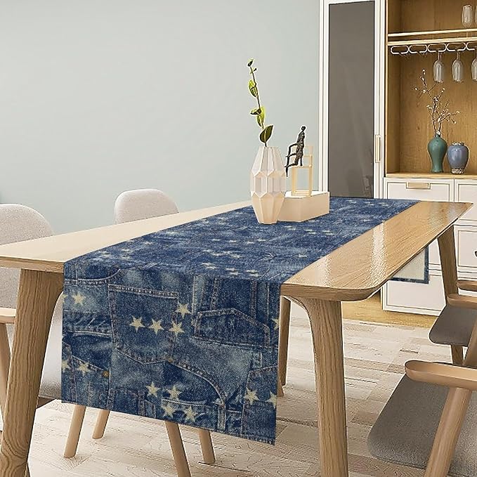 Patchwork Table Runner, Vintage Romance Jeans Pentagram Splicing Print Table Runner for Kitchen Dining Picnic Coffee Home 13x60in