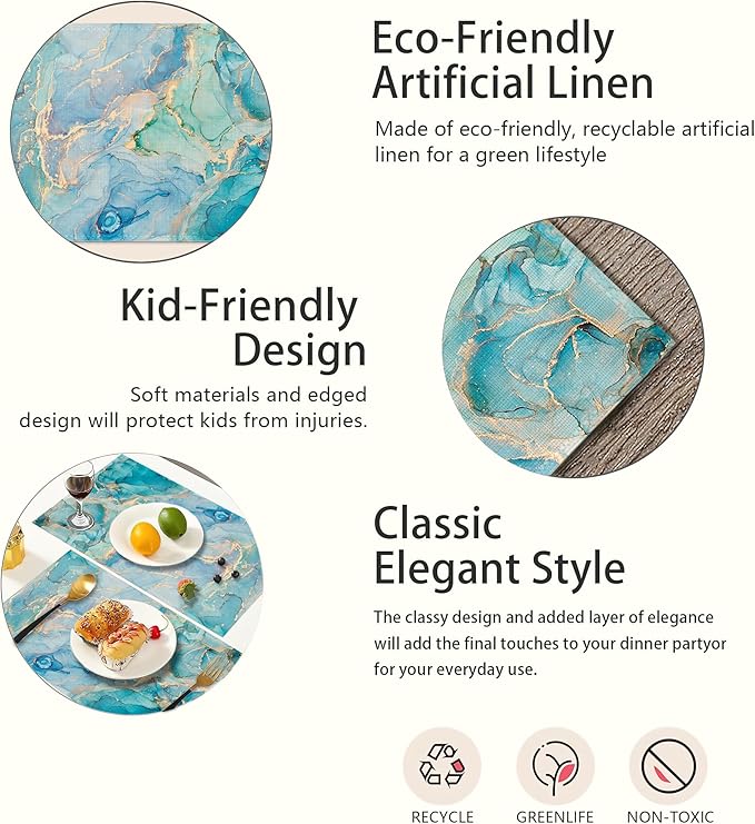 Marble Placemats Set of 6,Blue Teal Turquoise Gold Table Mats Non-Slip Heat Resistant Washable Placemat for Party Kitchen Dining Table Decoration Indoor Outdoor