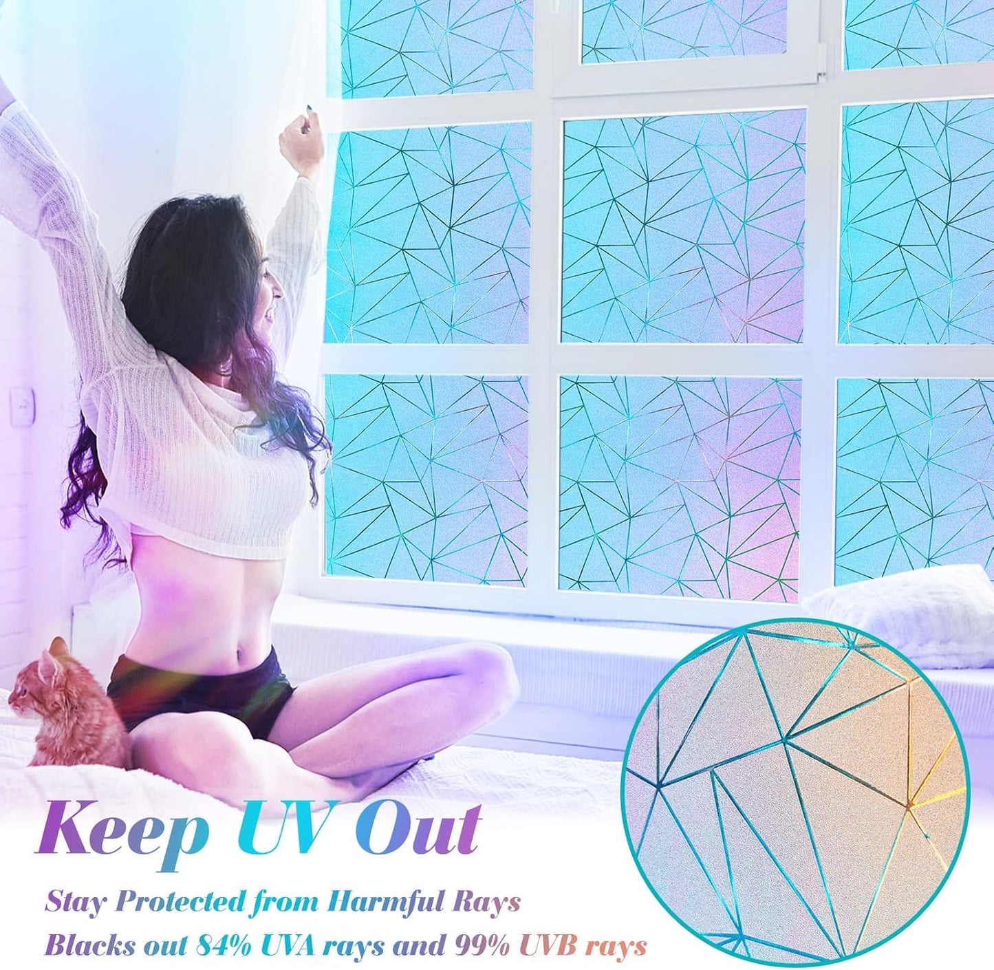 Coavas Rainbow Window Privacy Film, Frosted Glass Static Cling, Decorative Bathroom Door Cling, UV Blocking Day and Night Window Tint, Non-Adhesive Vinyl Sticker, 23.6x78.7 inches