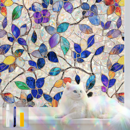 Stained Glass Window Privacy Film Decorative Rainbow Static Clings – Ideal for Home & Office, Adhesive-Free, Removable, UV-Blocking (Purple Rainbow, 35.4 X 78.7 in)