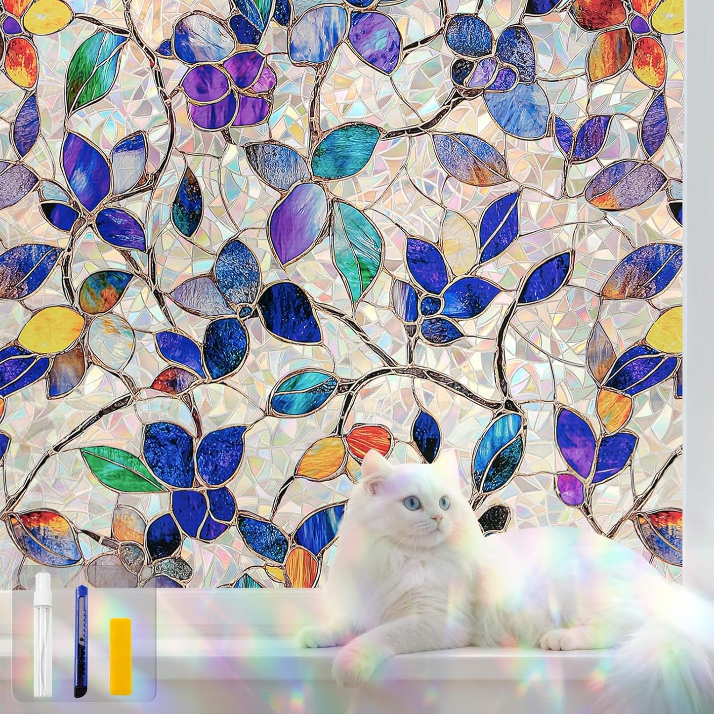 Stained Glass Window Privacy Film Decorative Rainbow Static Clings – Ideal for Home & Office, Adhesive-Free, Removable, UV-Blocking (Purple Rainbow, 17.5 X 78.7 in)