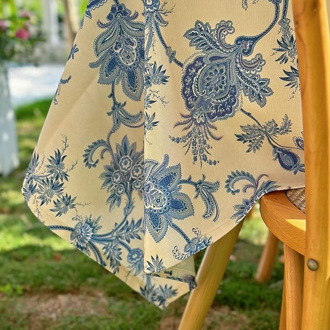 Rectangle Outdoor Tablecloth, Waterproof Table Cloth, Dining Table Cover for Farmhouse, Wedding, Dinner, Picnic - Spring/Summer, 54"x72", Beige Blue Flower