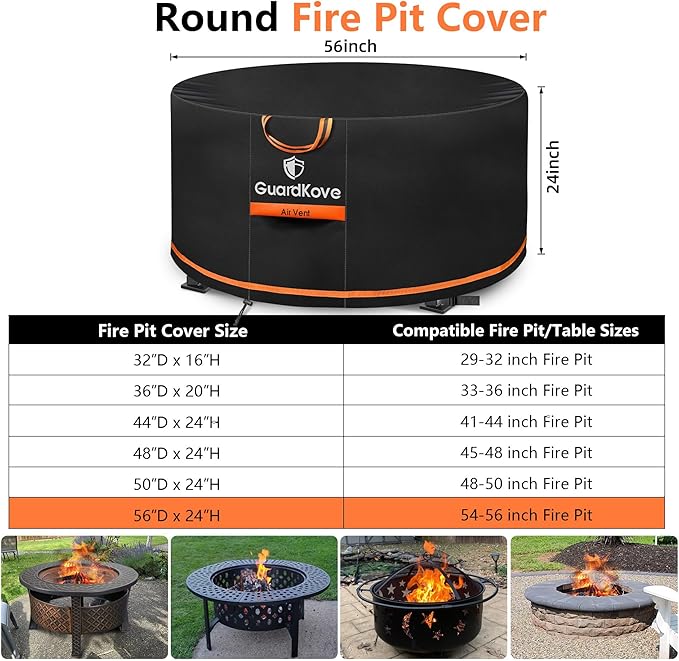 [Upgraded 1000D Heavy Duty Fabric] 56” Fire Pit Cover Round for 54”- 56” Fire Pit/Tables, Waterproof Tear & Fade Resistant Firepit Cover with Buckle, Handle, Drawstring, Air Vent (56”D x 24”H,Black)