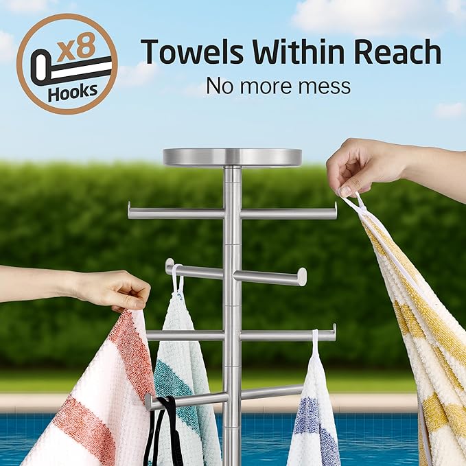 KES Hot Tub Towel Rack Outdoor with Natural Marble Extra Weight Base, 8 Arms 360° Adjustable 59in Outdoor Towel Rack for Pool with Storage Tray, 18/8 Stainless Steel, Brushed Finish, OTR204-2