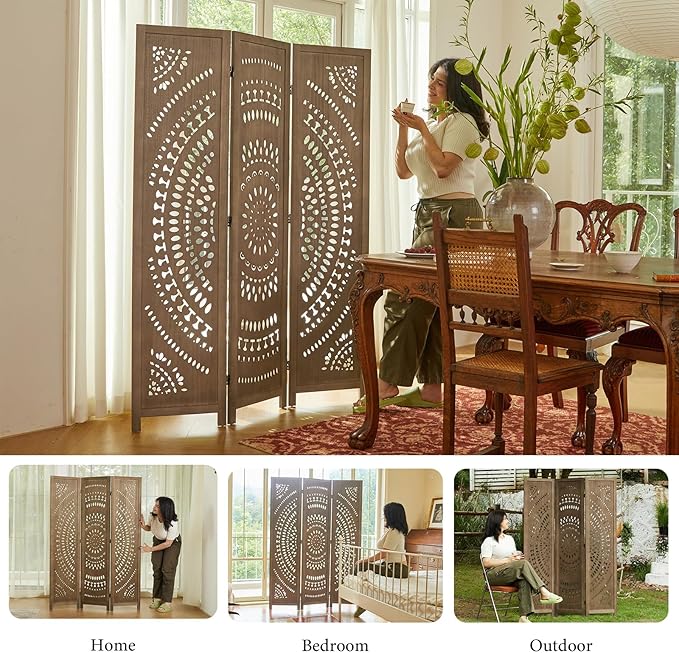 Room Divider Wood Carved Wall Divider Indoor Folding Bohemian Style Portable Partition Screen for Home Office Garden Terrace - 3 Panels (Brown)