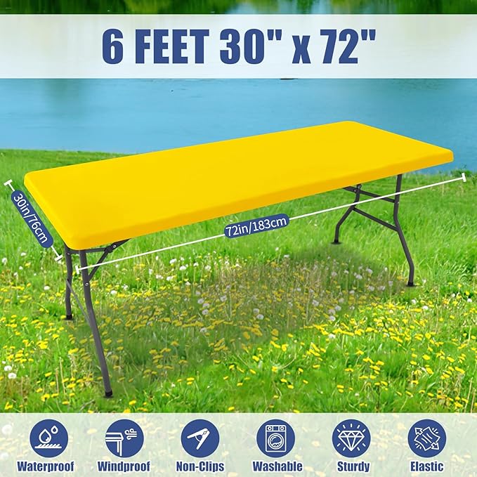 Spandex 6 Foot Rectangle Table Cloth 6 Pack, Elastic Fitted Tablecloths for Picnic, Stretch Washable Patio Table Cover for Outdoor, Camping, Banquet and Parties (Yellow, 30"x72")