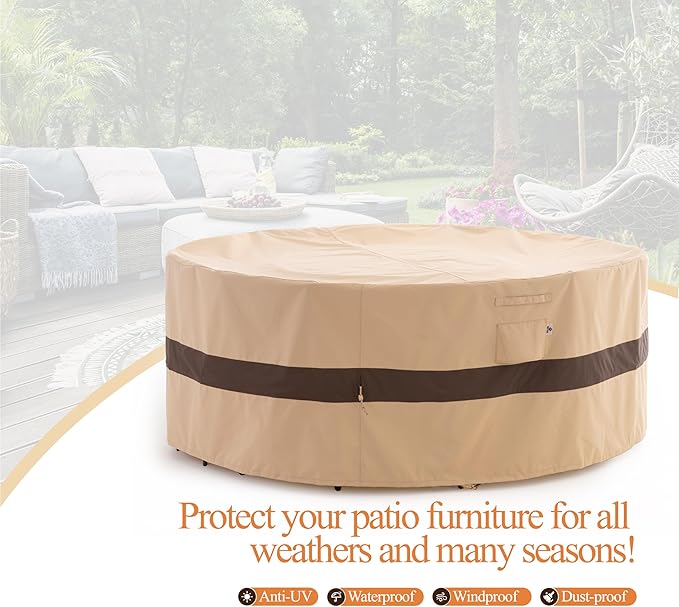 WJ-X3 Round Patio Furniture Cover, 84" D x 31" H, Waterproof, UV Resistant, Anti-Fading Outdoor Cover for Round Dining Table and Chairs Set, Beige & Coffee
