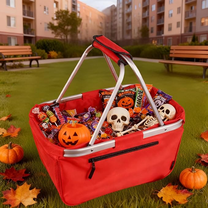 Picnic Basket, SIYUAN Collapsible Shopping Basket 24L Portable Grocery Basket with 2 Handles Reusable Folding Market Basket Large Christmas Basket, Cherry Red