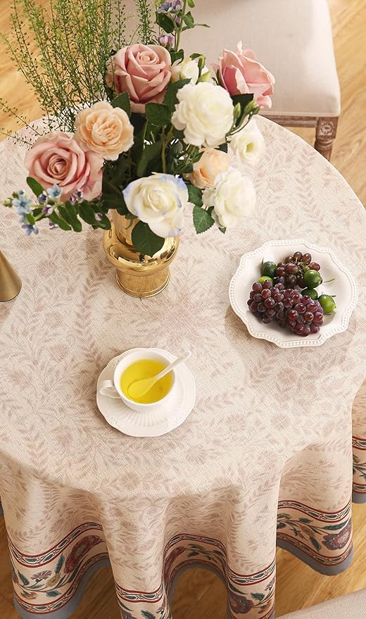 Designer Floral Linen Round Tablecloth,Vintage Indian Wrinkle Resistant Tablecloths,Decor Table Cover for Kitchen,Dining,Tea Party,Thanksgiving,Christmas,Diameter 67"-Flowershadow E