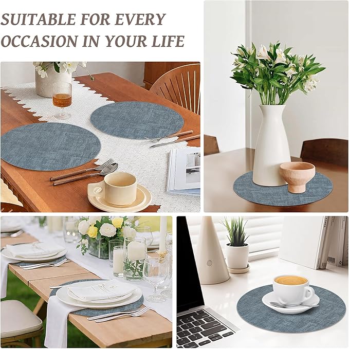 13" Round Placemats Set of 8, Reversible Faux Leather Heat Resistant Table Mats, Waterproof Oilproof Wipeable Table Protective Placemats for Vinyl, Washable for Indoor & Outdoor Use (8, Light Blue)