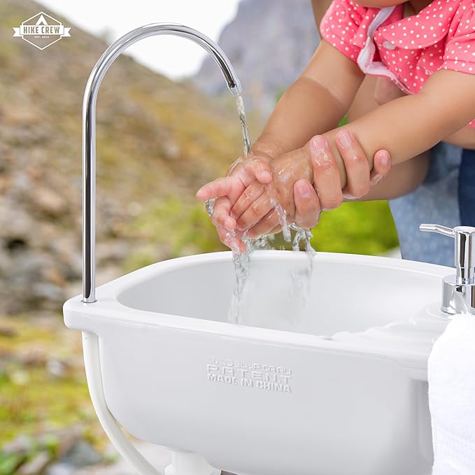 Hike Crew Portable Camping Sink & Toilet | Large Hand Washing Station with 4.5 Gal Capacity, Hands-Free Foot Pump, Faucet, Soap Dispenser & Towel Rack | Includes Travel Toilet with 5 Gal Waste Tank