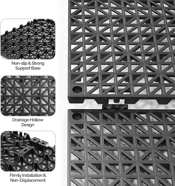 Bonnlo Black Interlocking Floor Tile, 12''*12'' Anti-Fatigue Floor Mat, Restaurant Drainage Kitchen Mat, Cushioned Flooring Mat, Non-Slip Garden Tile for Poolside, Wet Area, Deck and Bathroom Use