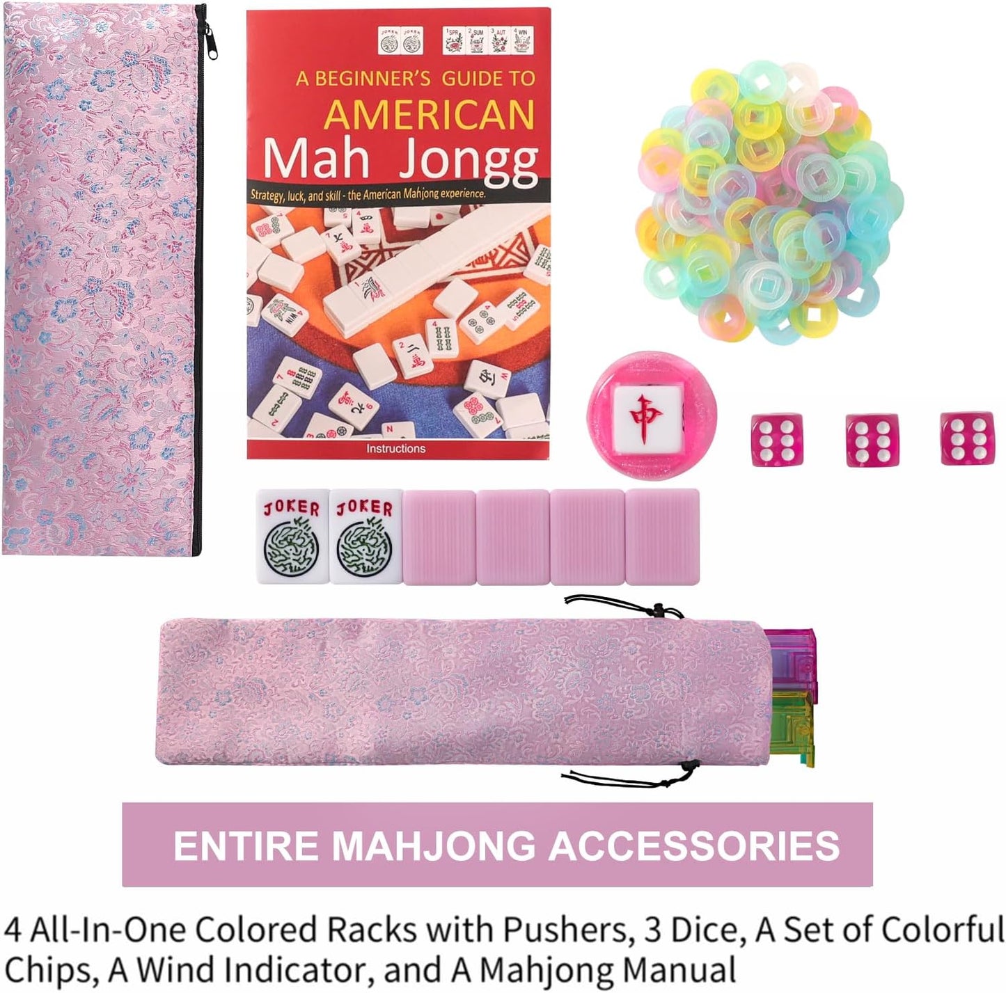 American Mahjong Game Set, 166 Pink Tiles, Pink Bag and Entire Accessories, 4 All-in-One Rack/Pushers, Mahjong Tiles Set