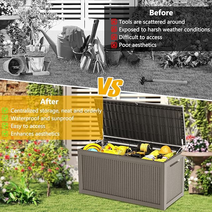 320 Gallon Deck Box, Resin Outdoor Indoor Waterproof Storage Box, Lockable Storage Box With Handle for Patio Furniture - Garden Tools - Swimming Pool Tools UV-Resistant (Grey 320 Gallon)