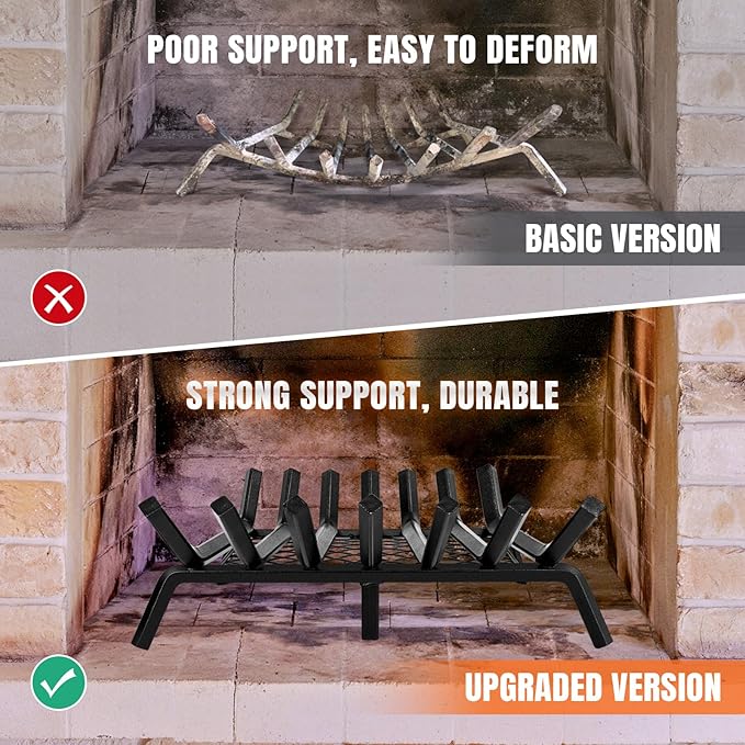 INNO STAGE Fireplace Grates with Ember Retainer - 24 Inch Fireplace Log Grate, Wood Stove Grate, Firewood Wood Log Holder Rack,Inside Wrought Cast Iron Fire Grate for Hearth Indoor Outdoor Camping