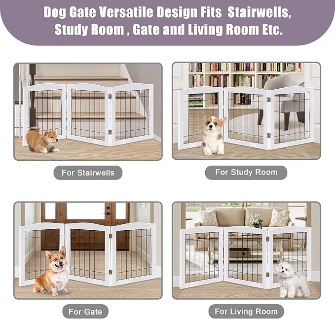 LZRS 3-Panel Freestanding Foldable Wooden Dog Gate –Solid Wood & Steel Wire Chew-Resistant Indoor Safety Pet Fence for Doorways & Stairs, Ideal for Small to Medium Dogs & Puppies, White