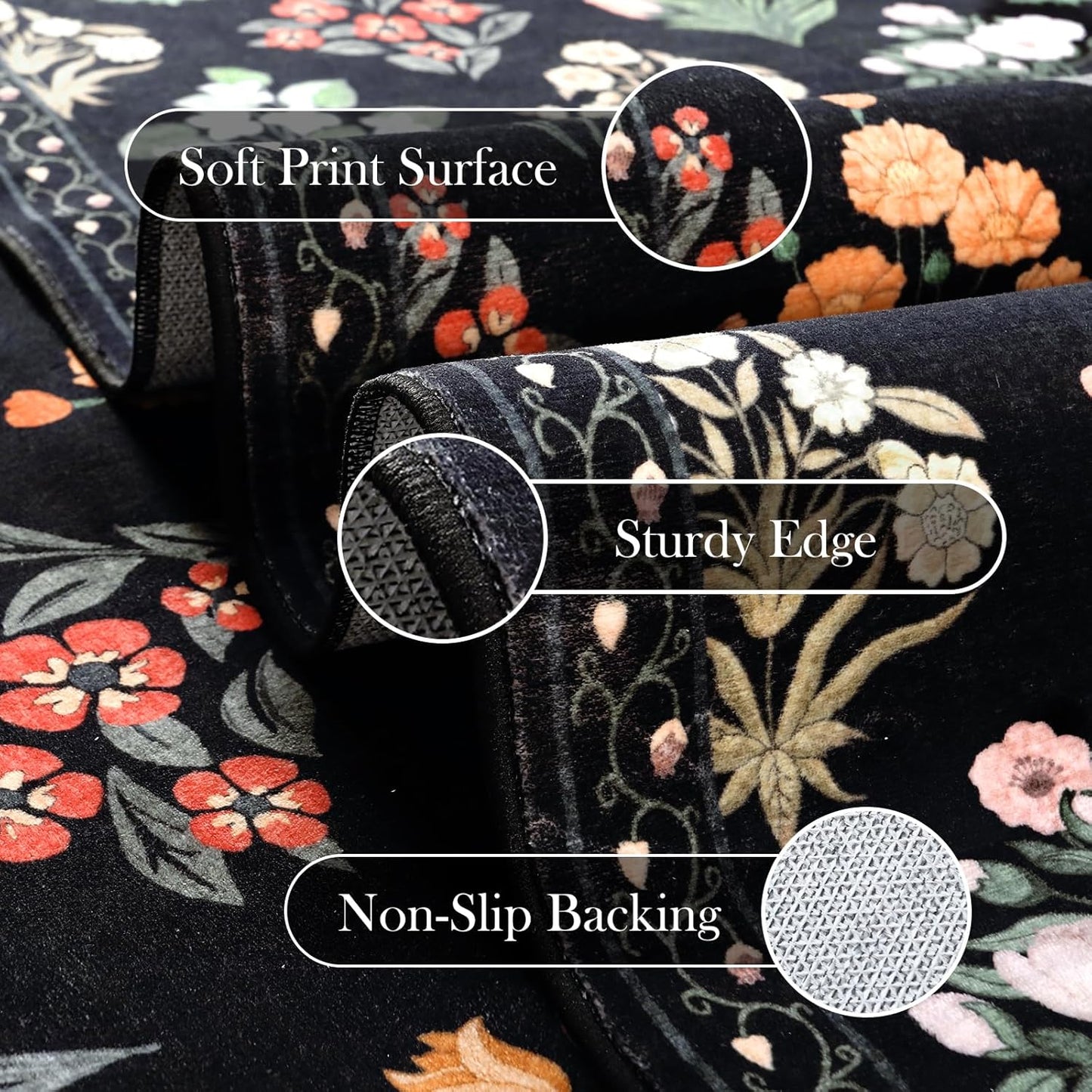 Wonnitar Washable 3x5 Area Rug, Floral Print Rugs for Entryway Indoor, Stain Resistant Moroccan Trellis Small Throw Carpet for Kitchen Laundry Dorm Office, Black/Multi