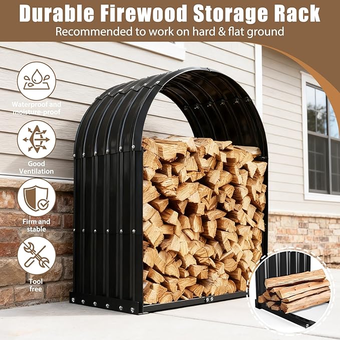 Heavy-Duty Black Firewood Storage Shed – Metal Log Holder with 32" Round Roof – Outdoor Wood Rack for Patio, Deck & Fireplace – Weatherproof Lumber Stand for Firewood (2.7FT Diameter Roof)