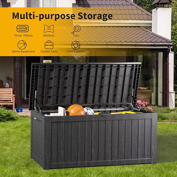 200 Gallon Deck Box, Resin Outdoor Indoor Waterproof Storage Box, Lockable Storage Box With Handle for Patio Furniture - Garden Tools - Swimming Pool Tools UV Resistant, Black - 200