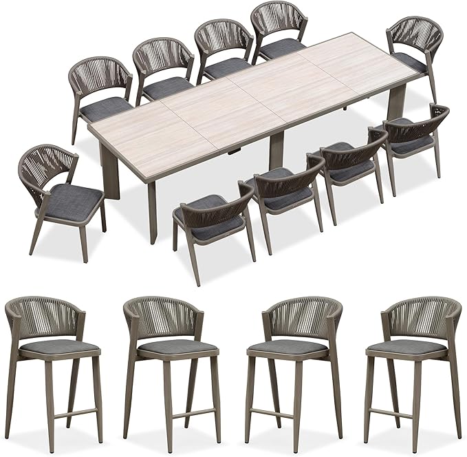 PURPLE LEAF 11-Piece Patio Dining Set Outdoor Furniture Rectangular Table and Chairs Set with Aluminum Frame and Wicker Rattan for Garden Deck Backyard Kitchen Gray Outdoor Set with Counter Stools