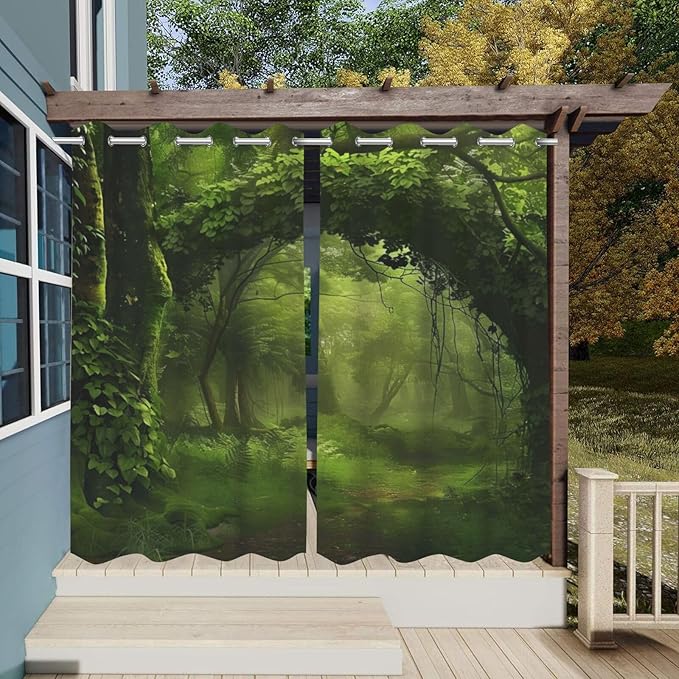 Nature Theme Waterproof Indoor/Outdoor Curtains,Forest Pattern,Waterproof, Privacy, Grommet Curtains for Patio, Pergola, Porch, Deck, Lanai, Cabana,2 Panel,W42 x L63,Green