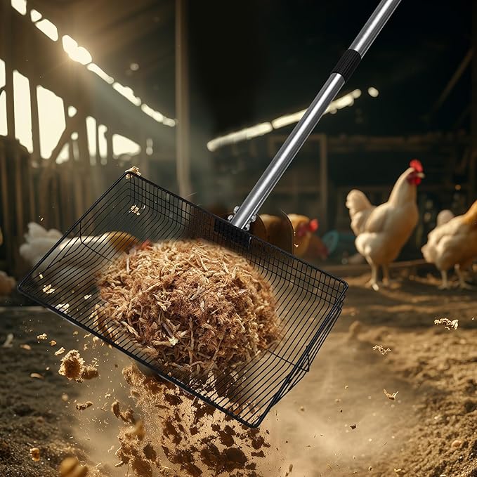 15-inch Large Chicken Poop Scooper with Adjustable Ergonomic Labor-Saving Handle(24in to 57in), Multifunctional Metal Litter Sifting Scoop Shovel for Cleaning Chicken Coop, Goat Stall, Stable