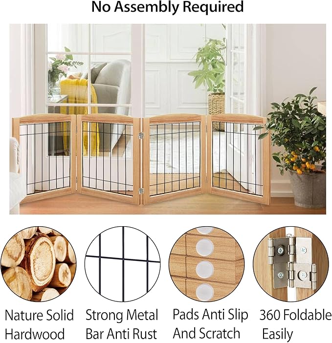 LZRS 4-Panel Extra-Wide Wooden Freestanding Dog Gate: Foldable Solid Wood and Steel Wire Chew Resistant Safety Barrier for Doorways, Stairs, and Large Open Spaces Indoor Use, Natural