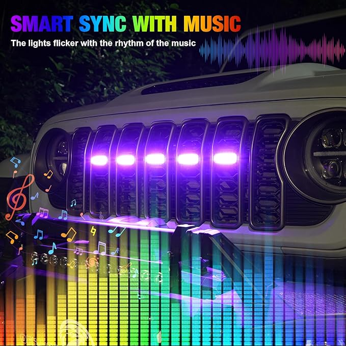 MAIKER RGB LED Grille Lights Compatible with 2024-2025 Jeep Wrangler JL JLU JT Original Factory Grille, 5PCS RGB Adjustable Atmosphere Exterior Grill Lights Remote APP Control