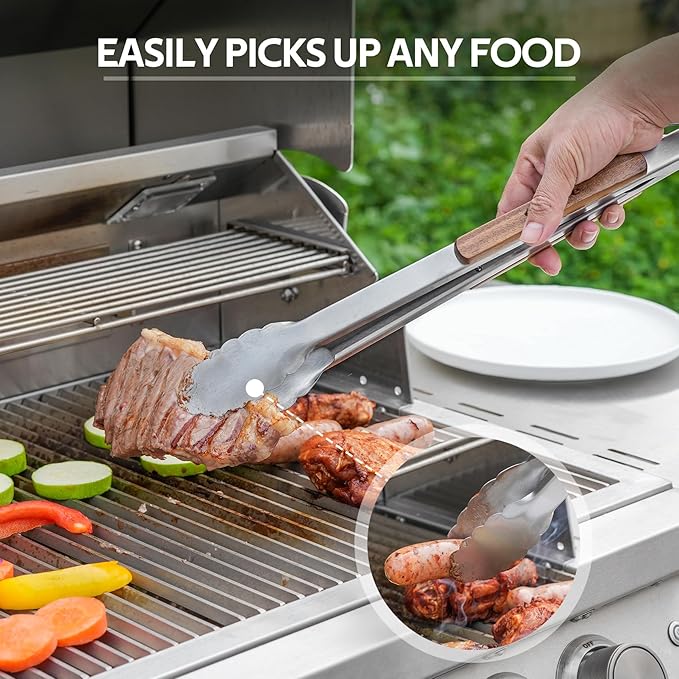 onlyfire 5PCS BBQ Tools, Heavy Duty Grill Kit with Wood Handles for Outdoor Camping, Multifunctional Griddle Utensil Set Including BBQ Spatula, Barbecue Tong, Meat Fork and Grate Liftes