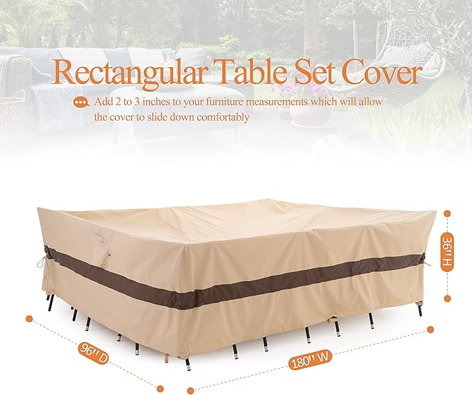WJ-X3 180' Extra Large Patio Furniture Set Covers Waterproof, Heavy Duty Outdoor Sectional Cover, High Wind Resistant & Anti-UV, 180W x 96D x 36H Inches, Beige & Coffee