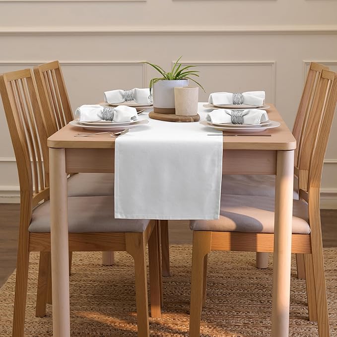 Encasa XO Table Runner 13"x91" Long | Cotton Canvas Fabric | White Solid Color | Machine Washable & Durable
