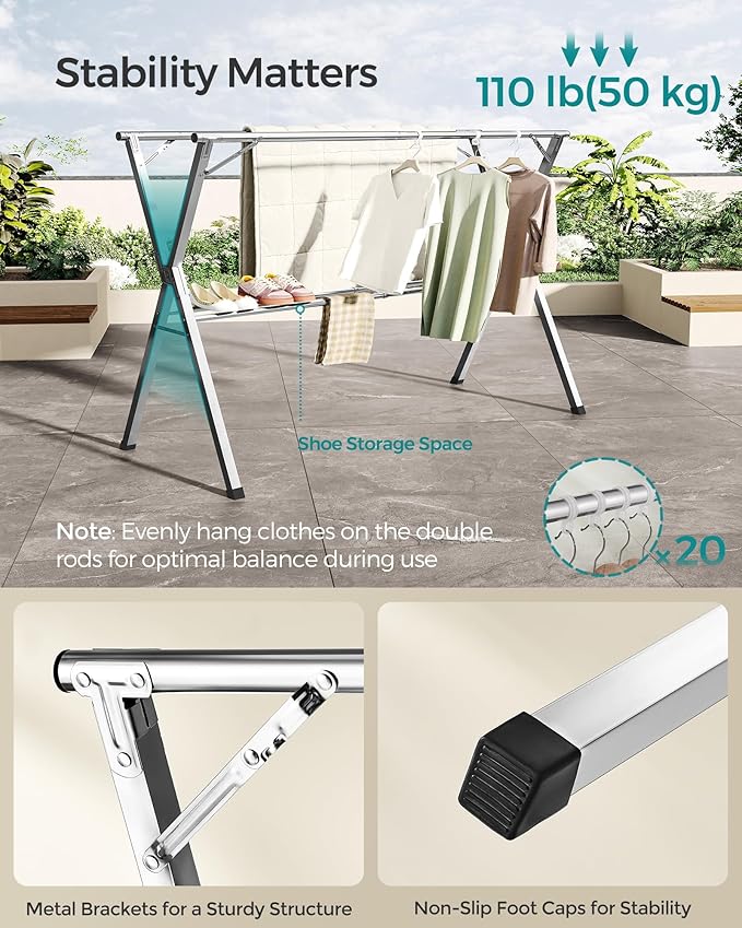 SONGMICS Clothes Drying Rack, Heavy-Duty Laundry Drying Rack, 45.7-63.4 Inches Extendable, Foldable Freestanding Airer, Stainless Steel, for Indoor Outdoor Use, Dove Gray ULLR901E01