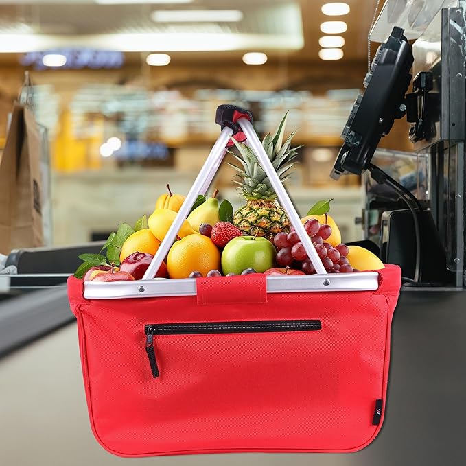Picnic Basket, SIYUAN Collapsible Shopping Basket 24L Portable Grocery Basket with 2 Handles Reusable Folding Market Basket Large Christmas Basket, Cherry Red
